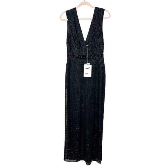 NWT Mac Duggal Beaded Cap Sleeve V Neck Column Gown Black 8 #8285 - Picture 3 of 8